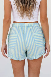 Ruffled striped cotton shorts with pockets and elastic waist.