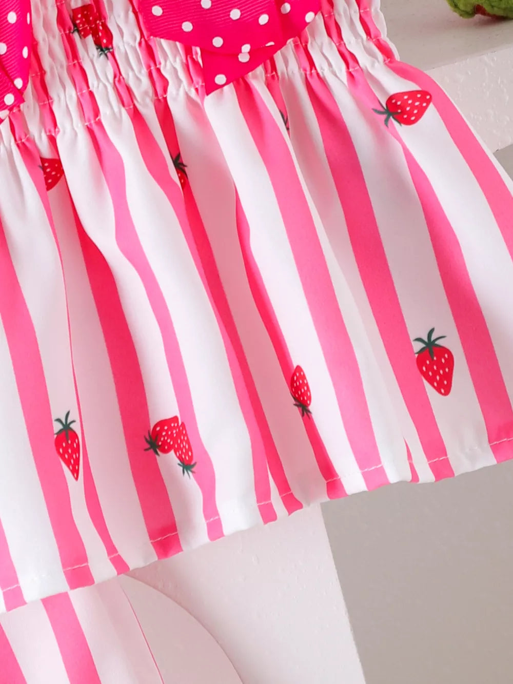 Children's Bow Ruffled Striped Top And Shorts Set in Pink, fabric detail