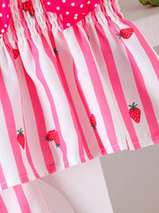 Children's Bow Ruffled Striped Top And Shorts Set in Pink, fabric detail