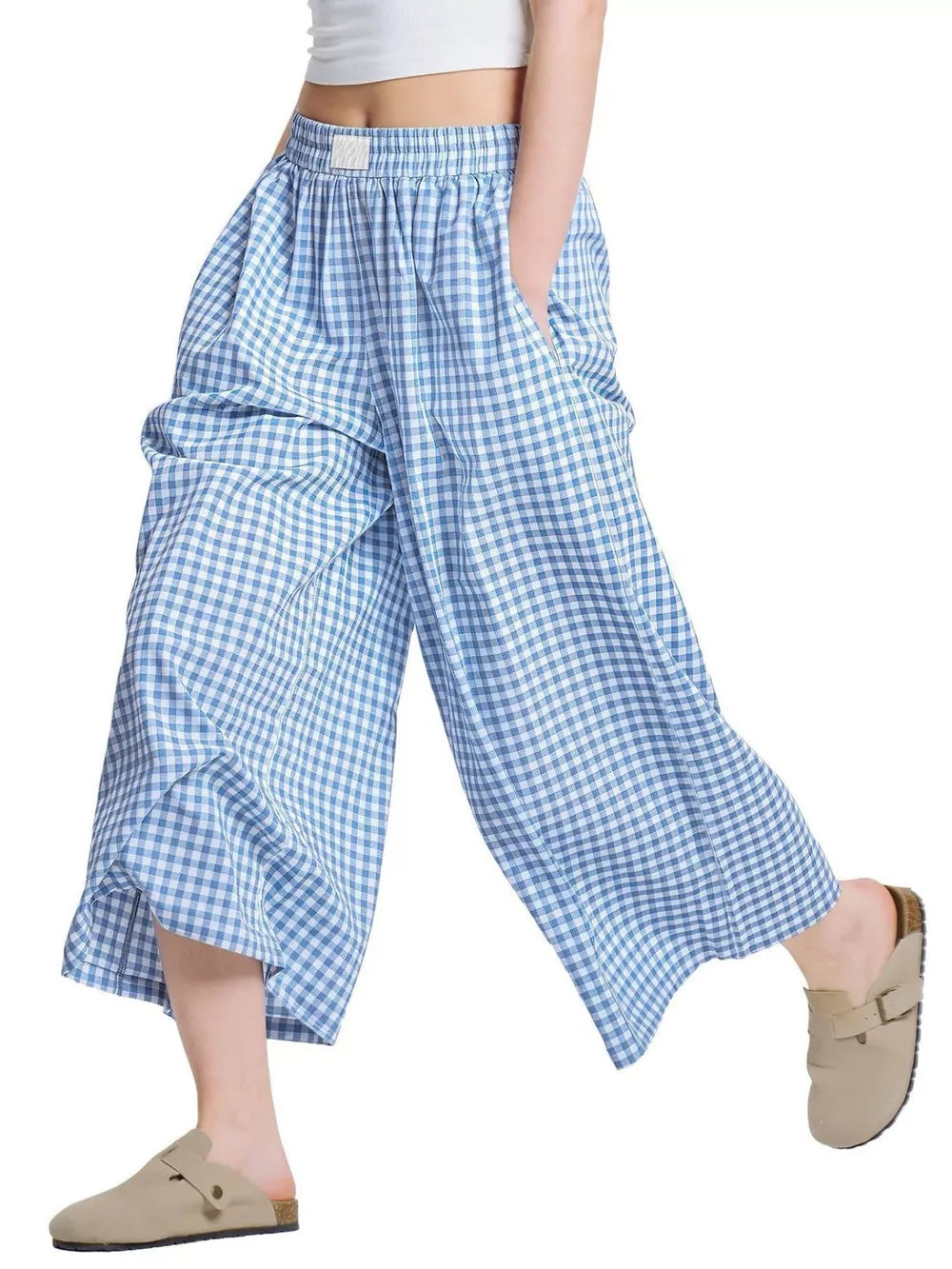 Sky blue gingham check maternity pants with wide legs and pockets.