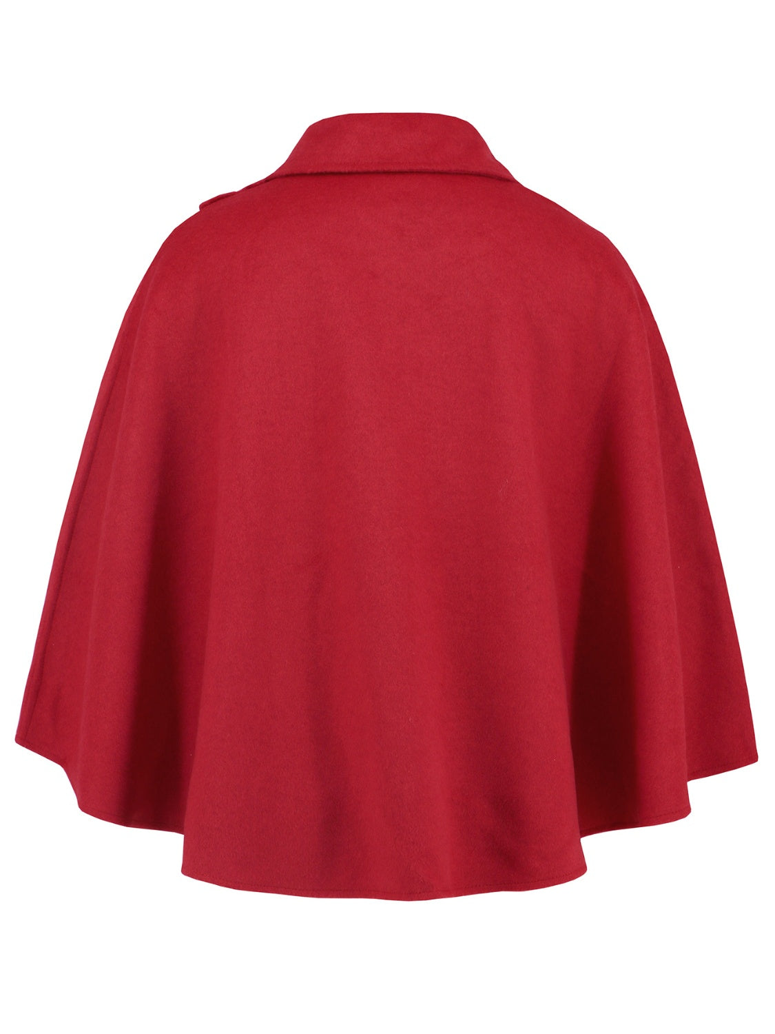 Deep Red asymmetric button-front cape jacket with collar and flared hem.