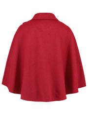 Deep Red asymmetric button-front cape jacket with collar and flared hem.
