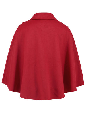 Deep Red asymmetric button-front cape jacket with collar and flared hem.