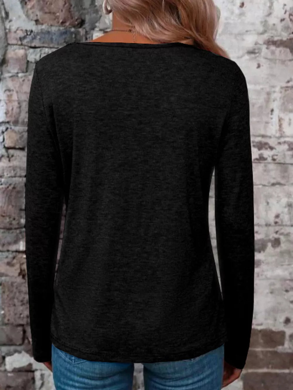 Crisscross V-neck Long Sleeve T-shirt in Pure Black, view 12