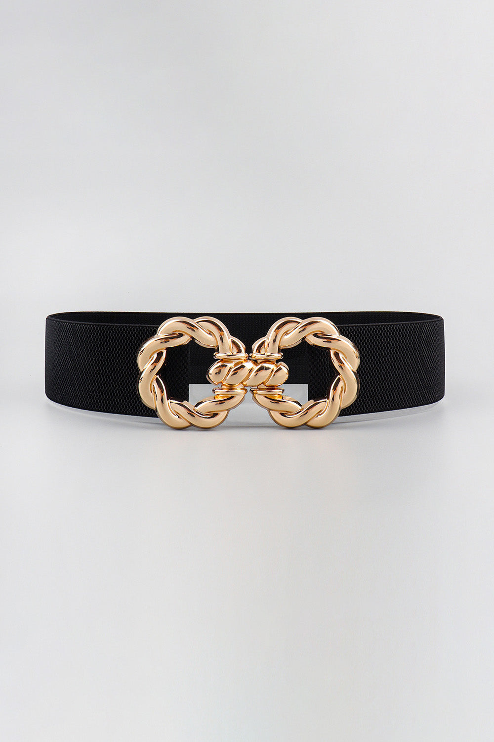 Black stretch belt with gold braided knot buckle detail
