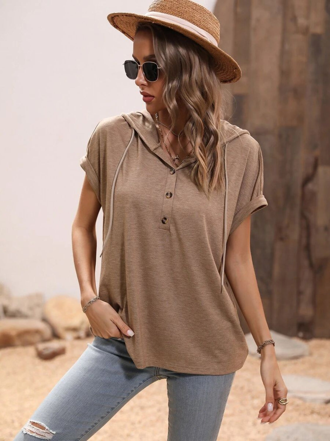 Mocha relaxed henley hoodie with rolled sleeves and button detail
