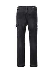 Black wash denim carpenter jeans with straight leg fit and utility pockets.
