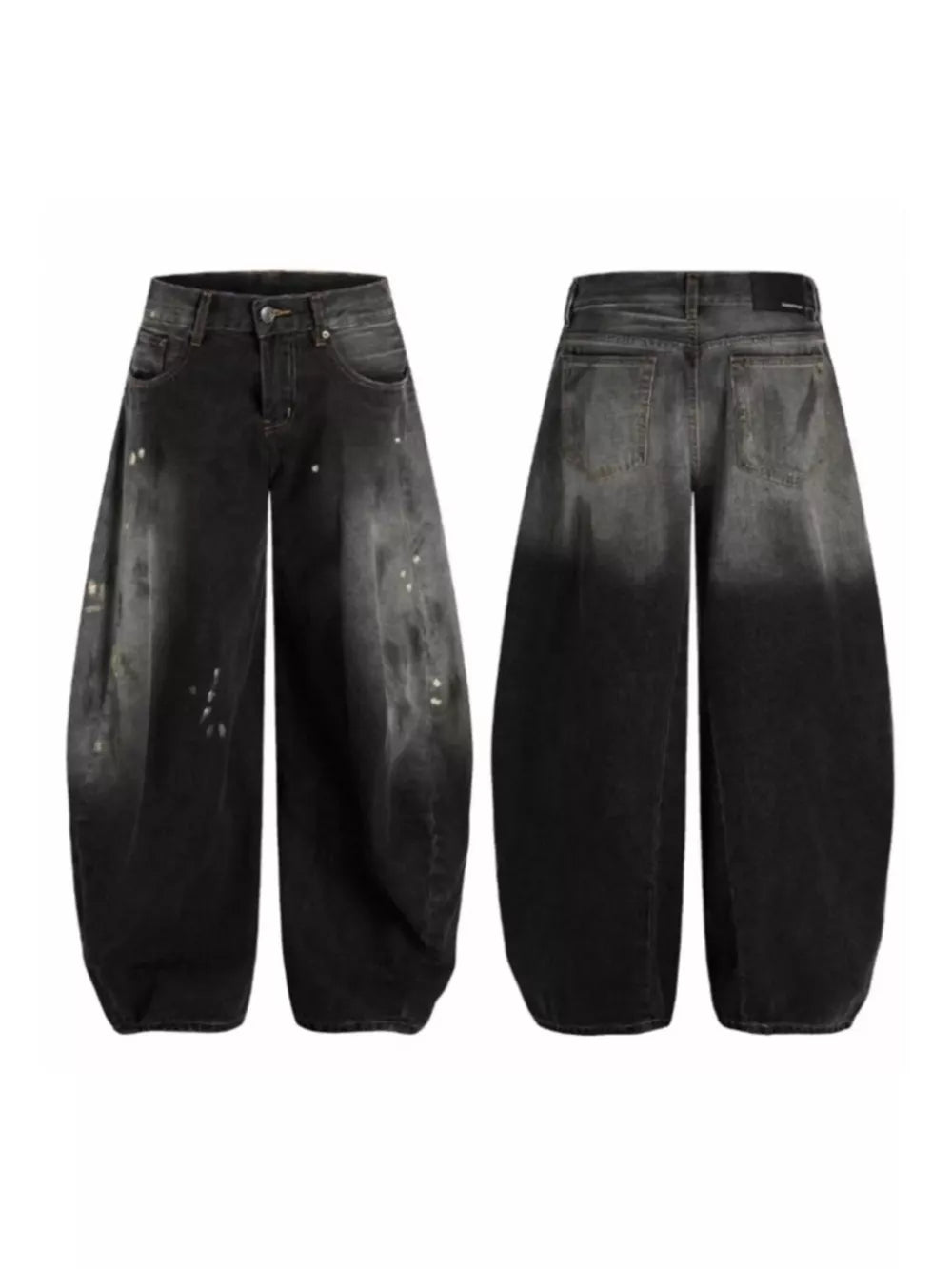 Men's wide leg jeans in distressed black denim with paint splatters and a gradient wash.