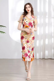 Embroidered Floral Puff Sleeve Midi Dress