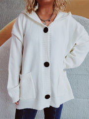 White chunky knit hooded cardigan with button front and pockets