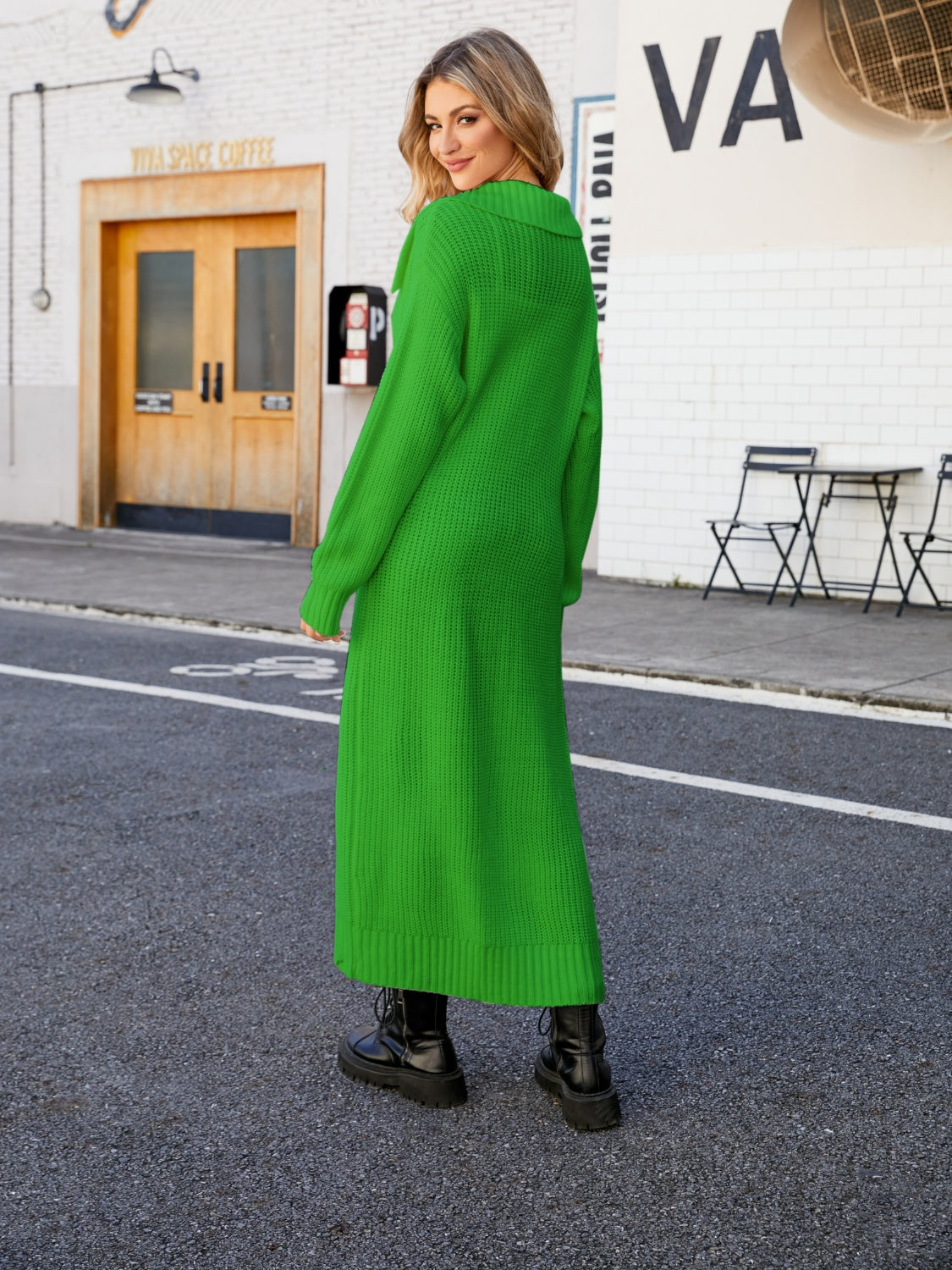 Longline knit collar cardigan in mid green, acrylic, with a relaxed fit and long sleeves.