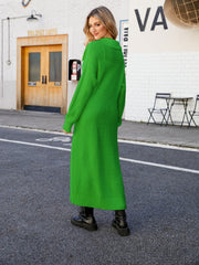 Longline knit collar cardigan in mid green, acrylic, with a relaxed fit and long sleeves.