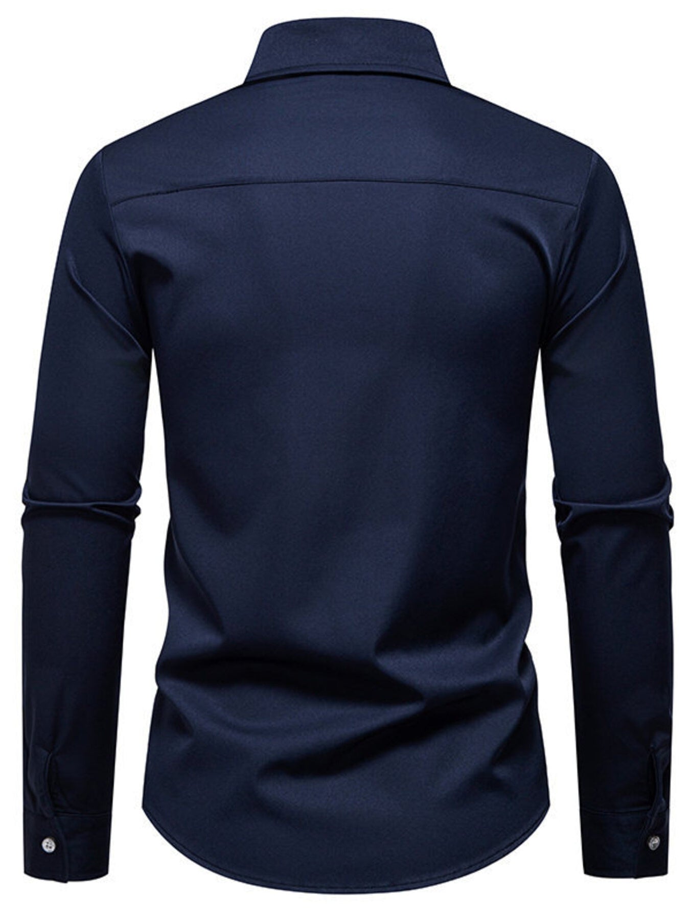 Navy blue men's button-down shirt with long sleeves and curved hem
