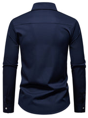 Navy blue men's button-down shirt with long sleeves and curved hem