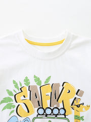 White cotton t-shirt with a playful safari graphic featuring a giraffe and the word SAFARI in graffiti style.