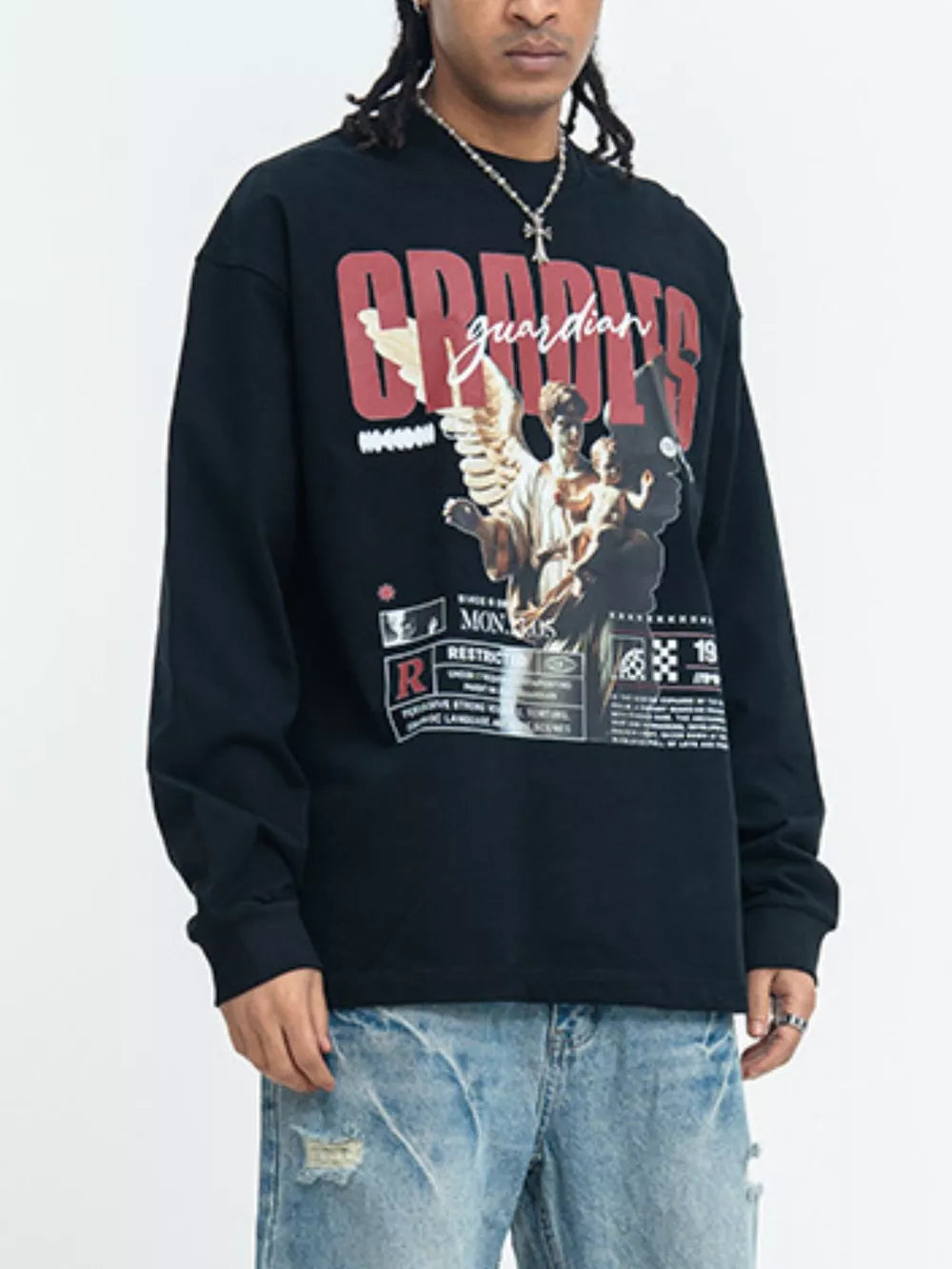 Men's Guardian Angel Graphic Long Sleeve T-shirt, model styling view