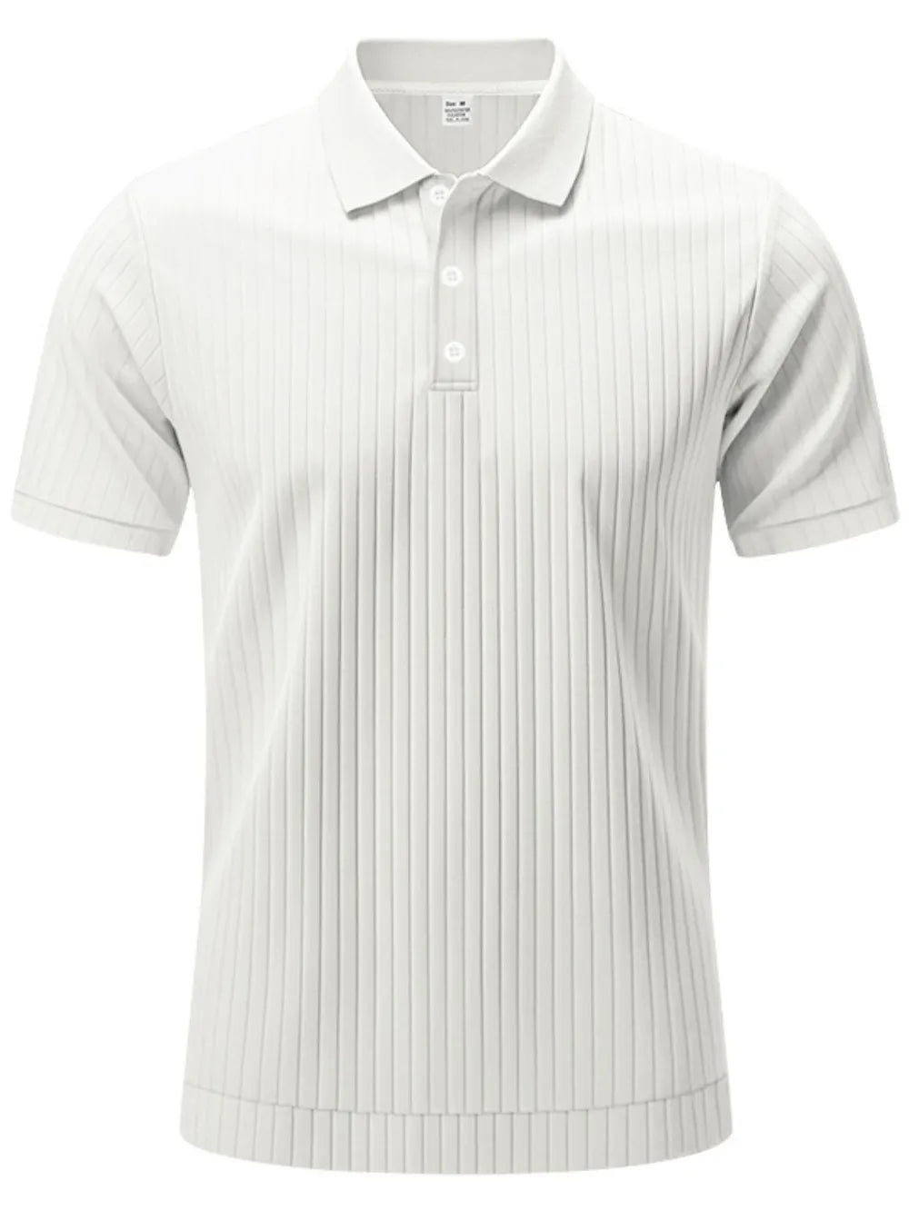 White ribbed polo shirt with short sleeves and a two-button placket.