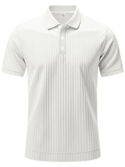 White ribbed polo shirt with short sleeves and a two-button placket.