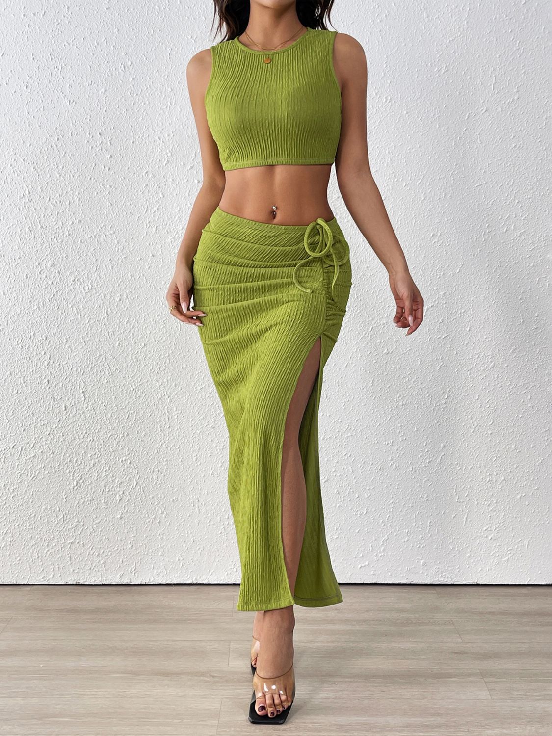 Lime textured knit crop top and high slit maxi skirt set with drawstring detail