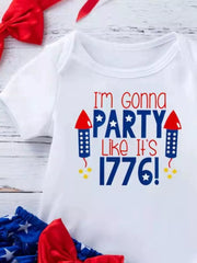 White baby onesie with patriotic "I'm Gonna PARTY Like It's 1776!" graphic and red bow.