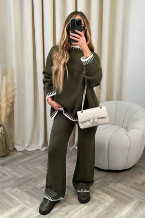 Army green relaxed sweater set with contrast trim on neckline, cuffs, and hem.