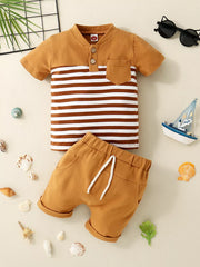 Brown and white striped polo shirt with pocket and matching shorts baby set