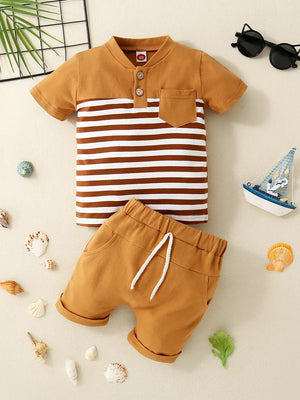 Brown and white striped polo shirt with pocket and matching shorts baby set