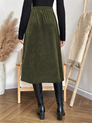 Army green corduroy A-line midi skirt with button-down front detail.