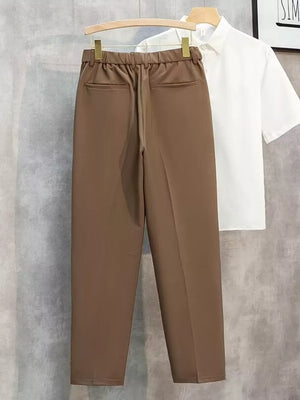 Brown straight-leg cargo pants with elastic waistband and back pockets.