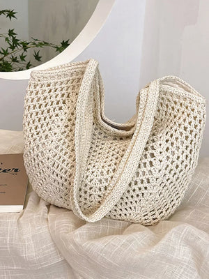 Chevron woven straw shoulder bag in Rice White with braided straps and open crochet detail.