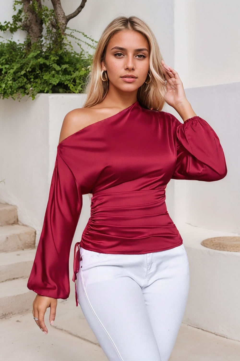 Deep Red satin blouse with asymmetric neckline, ruched side detail, and balloon sleeves.