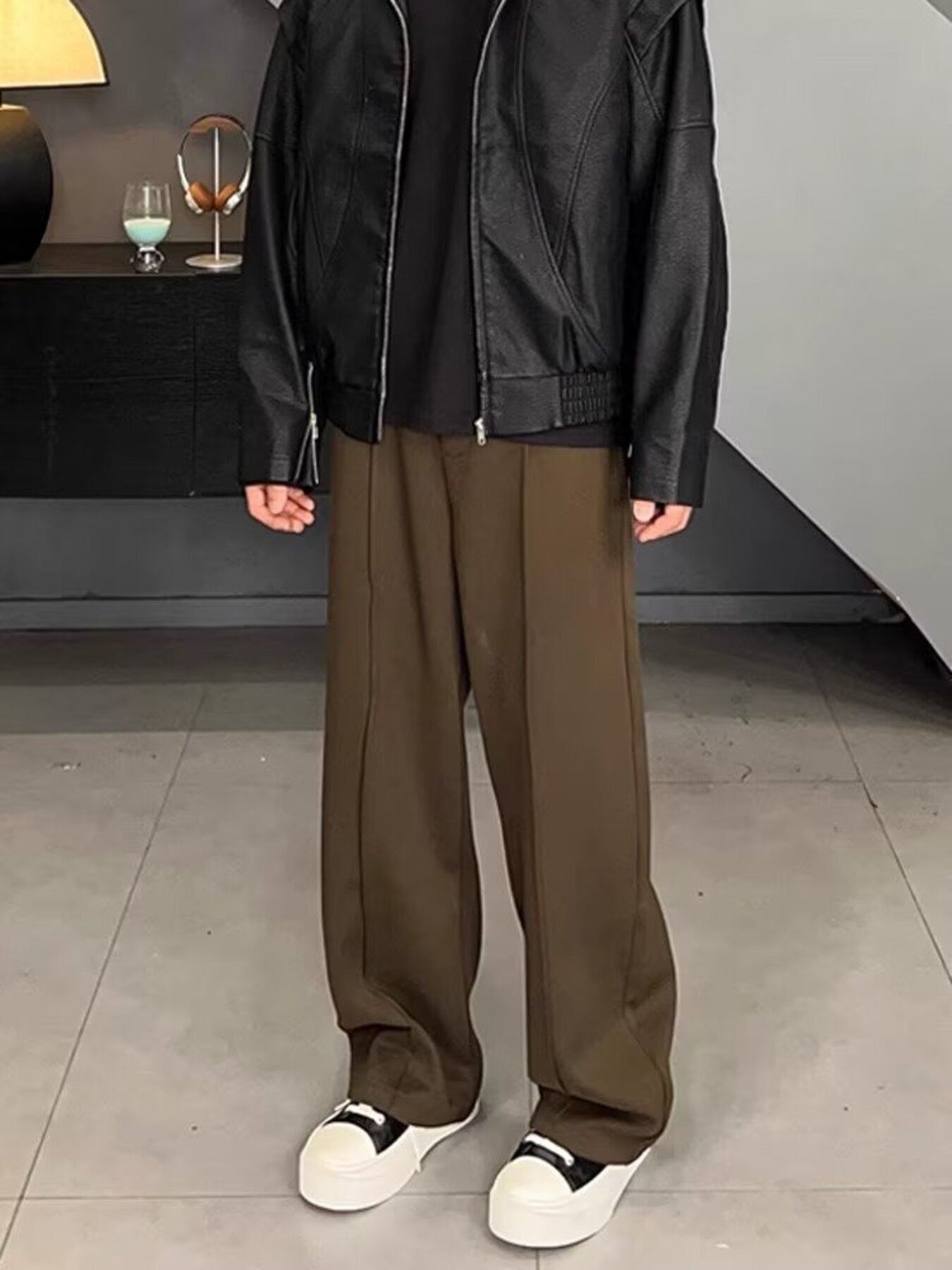 Men's brown relaxed fit wide leg sweatpants with front seam detail