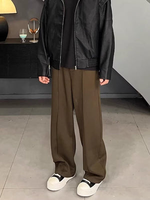Men's brown relaxed fit wide leg sweatpants with front seam detail