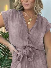Gray Purple tie-waist romper with button-down front and short sleeves.