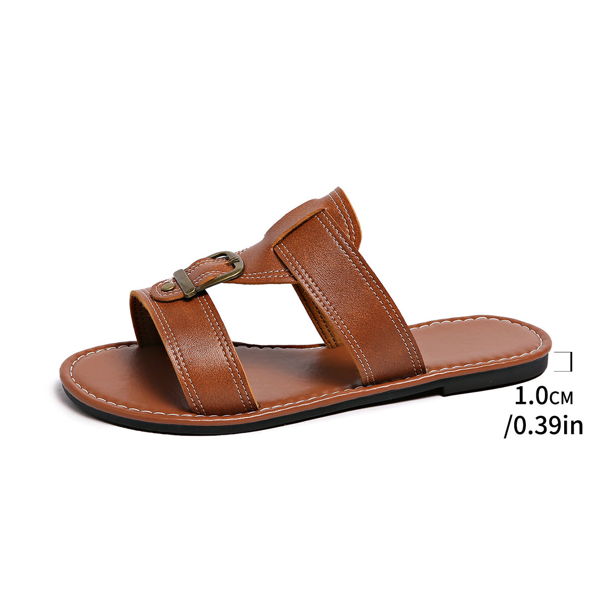 Brown PU leather slide sandals with buckle detail and white stitching.