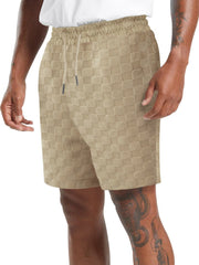 Men's khaki textured checkered chino shorts with drawstring waist.