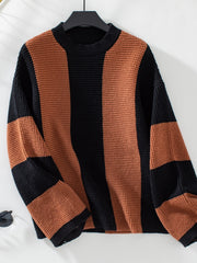 Colorblock stripe knit sweater in caramel and black with waffle texture and crewneck.