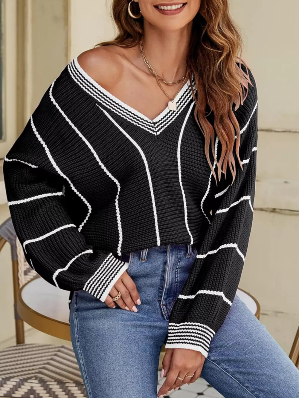 V-neck Striped Contrast Sweater in Dark Green, back view
