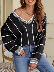 V-neck Striped Contrast Sweater in Dark Green, back view