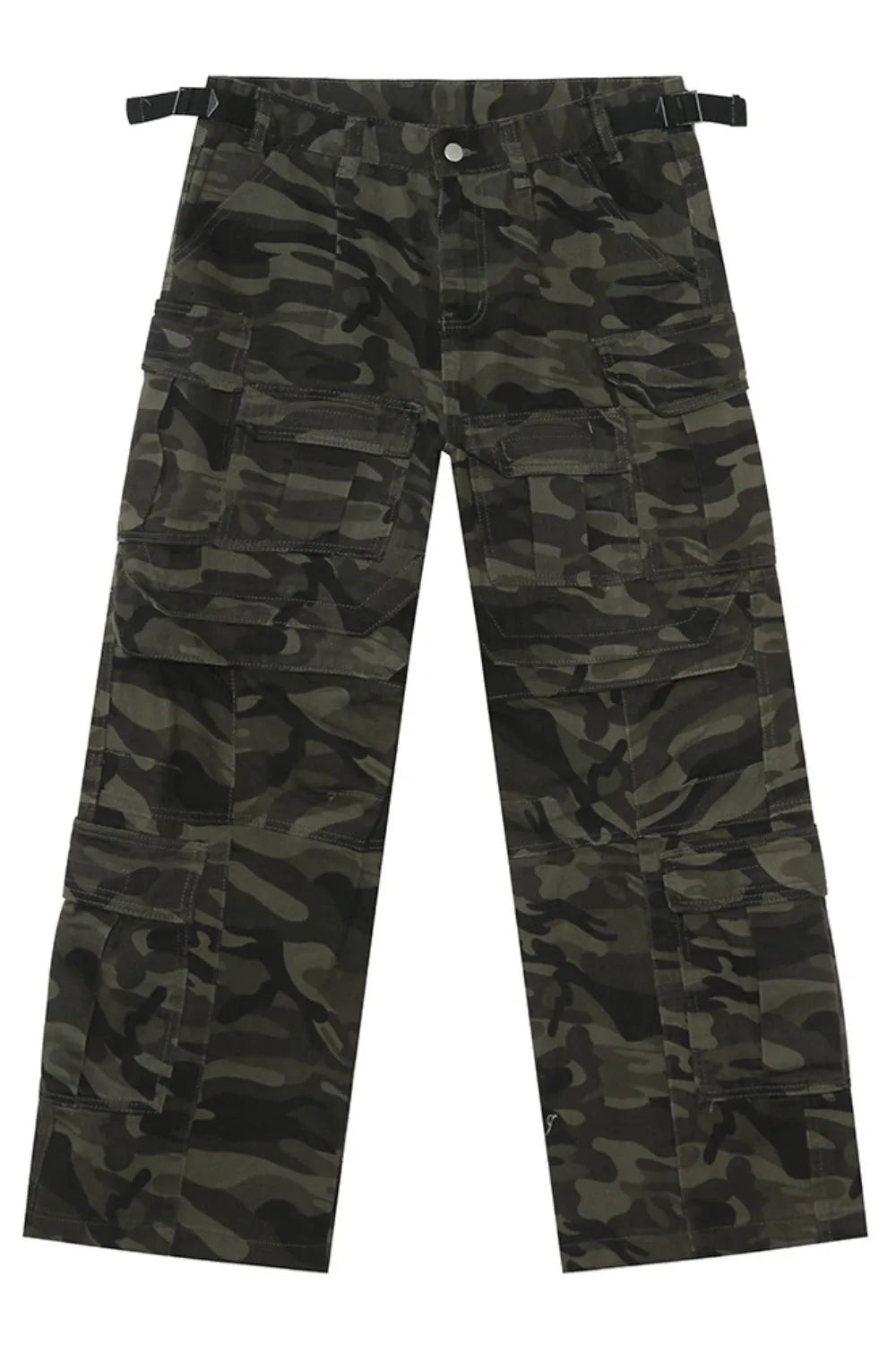 Oversized camo utility cargo pants with multiple pockets and adjustable waist straps.