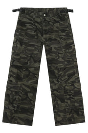 Oversized camo utility cargo pants with multiple pockets and adjustable waist straps.
