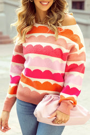 Scalloped stripe off-the-shoulder knit sweater in acrylic with a colorful stripe pattern.