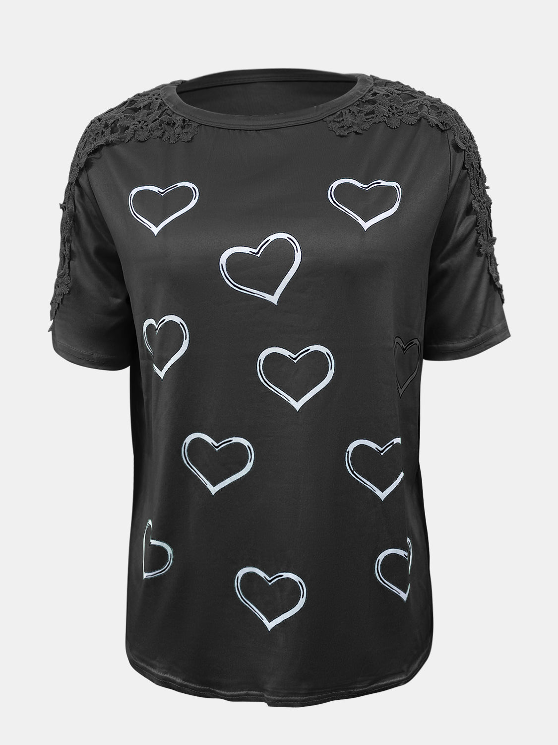 Black t-shirt with white heart print and lace trim on shoulders and sleeves.