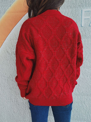 Sparkle knit relaxed fit sweater in red with diamond pattern, crew neck, and long sleeves.