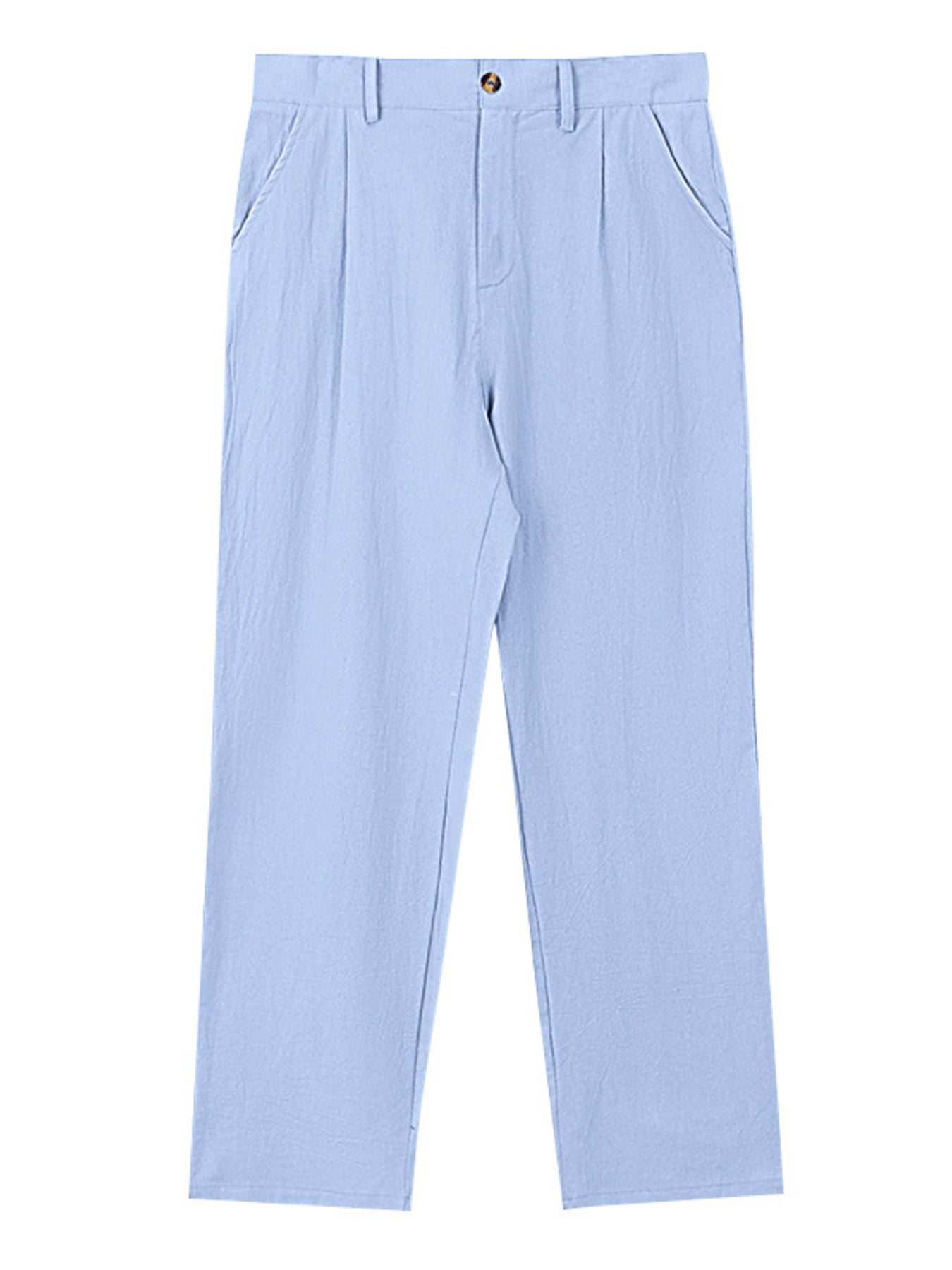 Light blue relaxed fit sweatpants with pleats and a button closure.