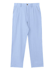 Light blue relaxed fit sweatpants with pleats and a button closure.