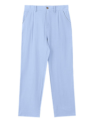 Light blue relaxed fit sweatpants with pleats and a button closure.