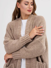 Khaki oversized knit cocoon cardigan with pockets and ribbed cuffs.