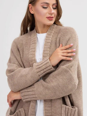 Khaki oversized knit cocoon cardigan with pockets and ribbed cuffs.