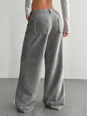 Gray corduroy wide-leg utility trousers with back patch pockets and a relaxed fit.